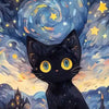 A black cat with glowing yellow eyes stares up at a night sky filled with stars and swirling blue clouds.