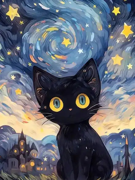 A black cat with glowing yellow eyes stares up at a night sky filled with stars and swirling blue clouds.