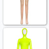 Full body spandex morph suit in orange with a mustache and eyebrows.