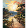 A vibrant painting of a scenic landscape with mountains, trees, and a bright sunset over water.