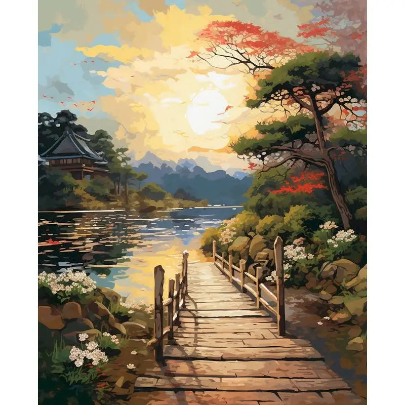 A vibrant painting of a scenic landscape with mountains, trees, and a bright sunset over water.