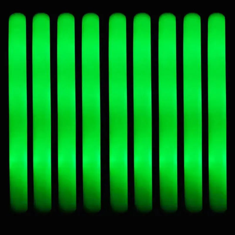 A row of bright green LED glow sticks are displayed against a black background.