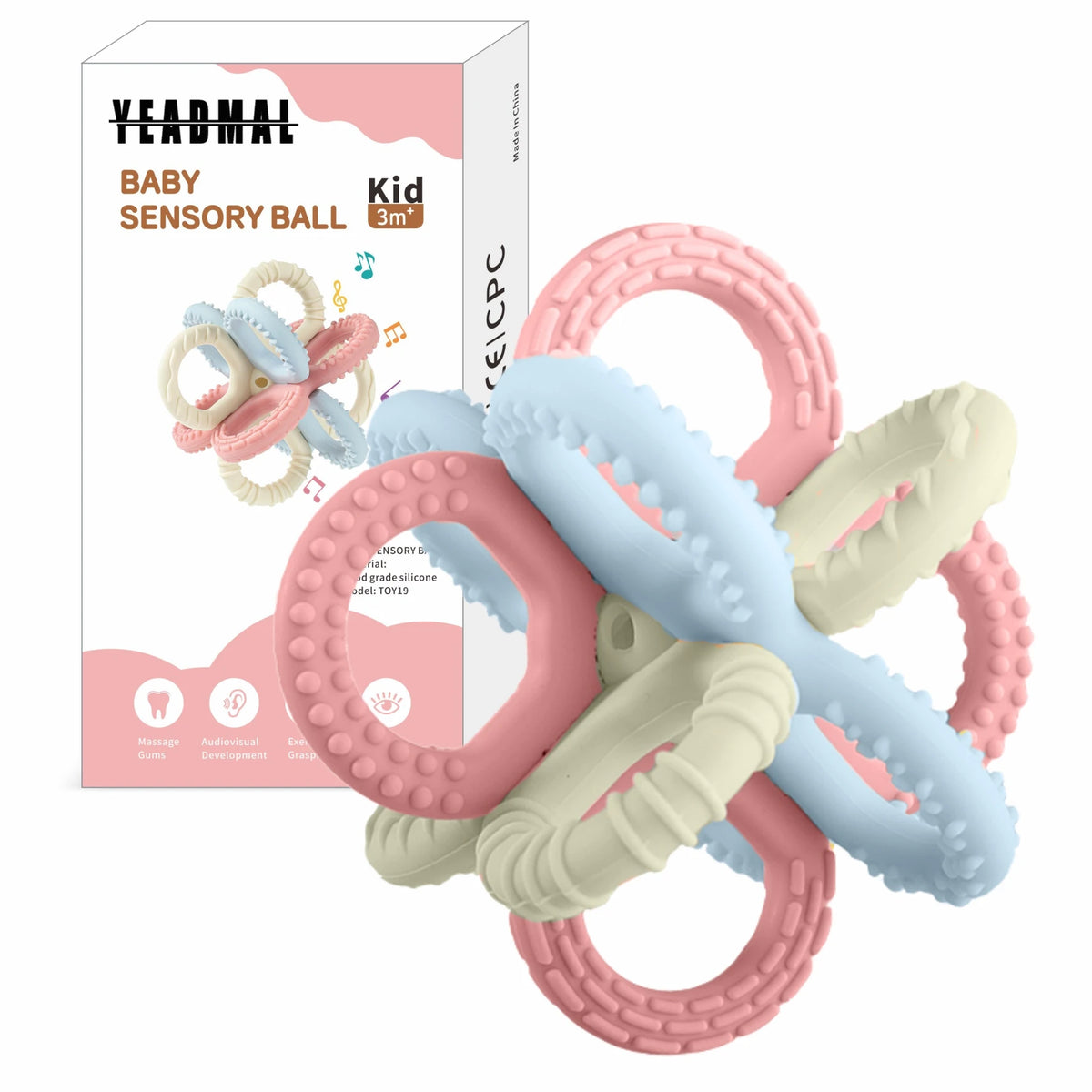 A set of three silicone teether balls in pink, blue, and beige for baby sensory play.