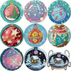 Eight diamond painting coasters featuring festive holiday designs and a metal holder.