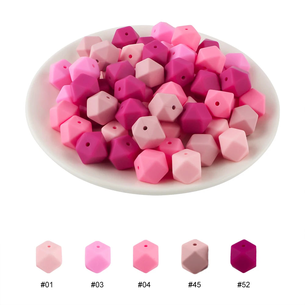 A pile of pink and magenta hexagonal silicone beads for DIY jewelry making, shown with numbered examples.