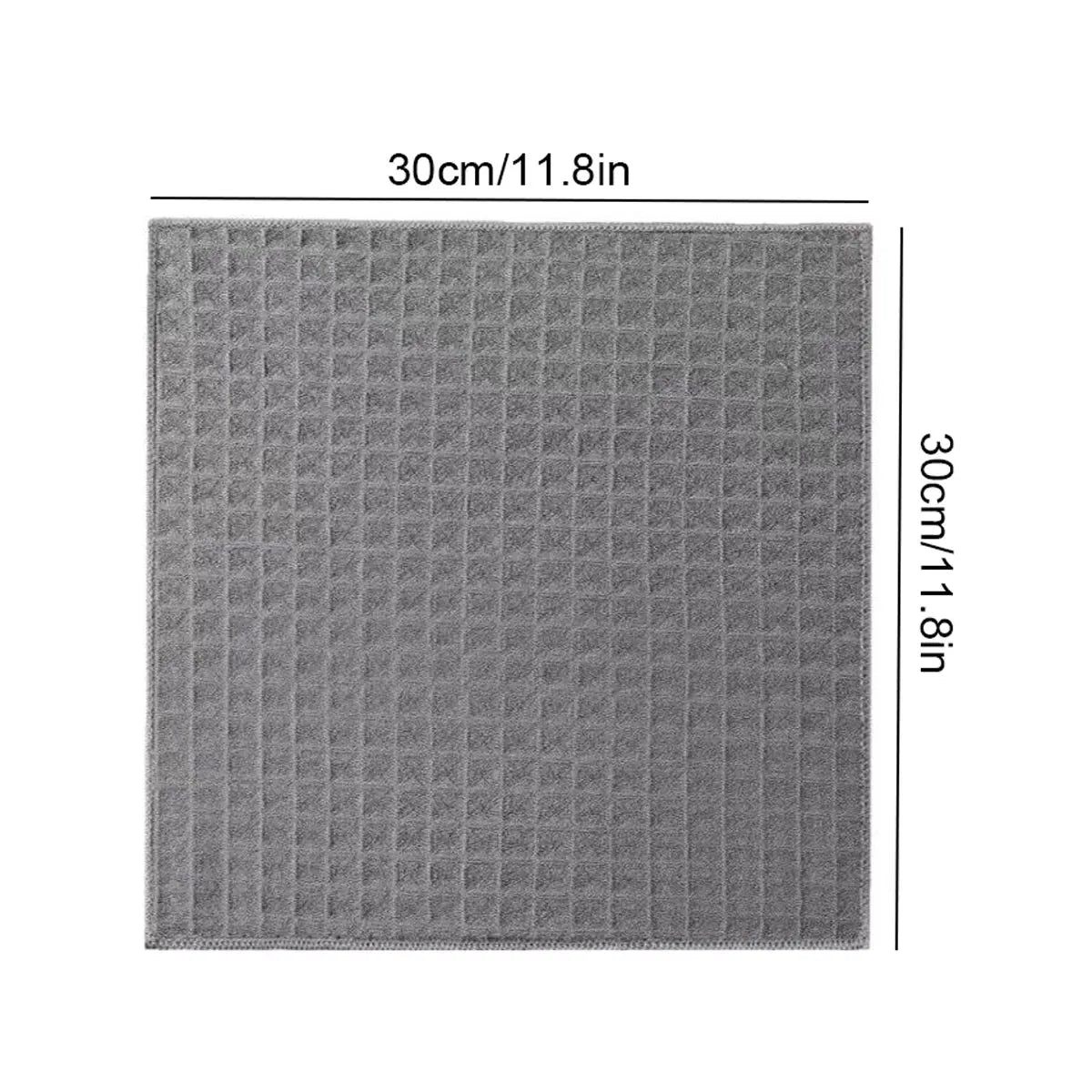 A gray microfiber kitchen cleaning cloth with a grid pattern, measuring 30cm by 30cm.