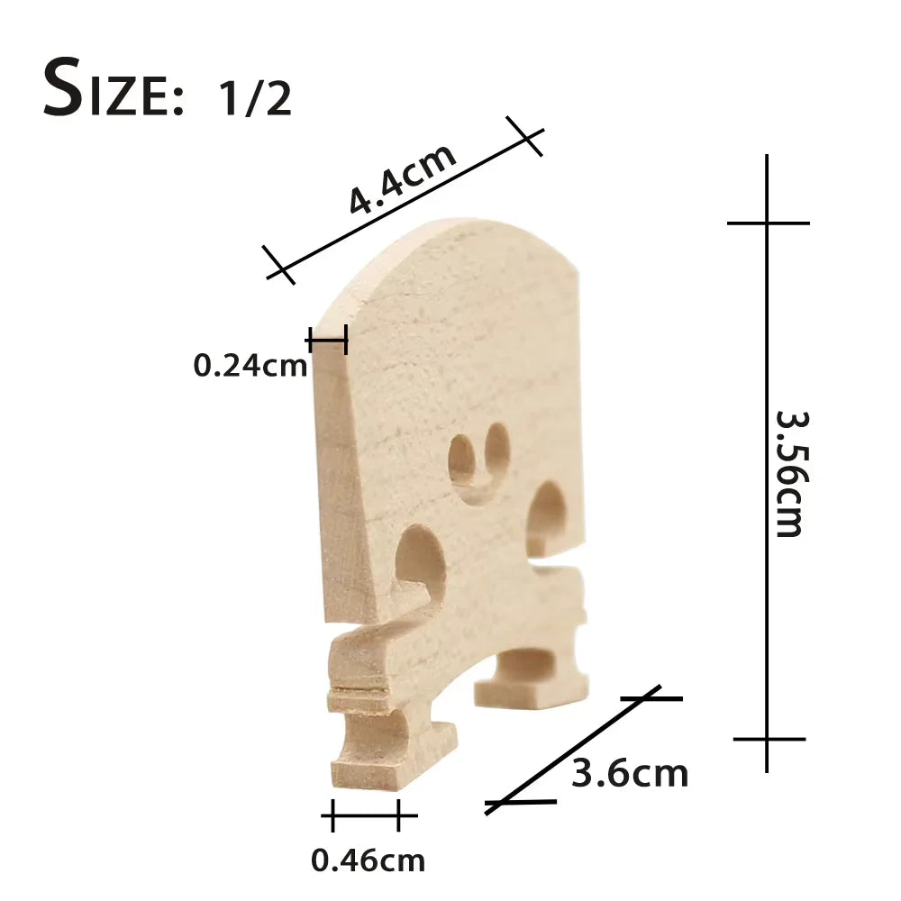 A light wood maple violin bridge cut to size 1/2 with various dimensions marked.