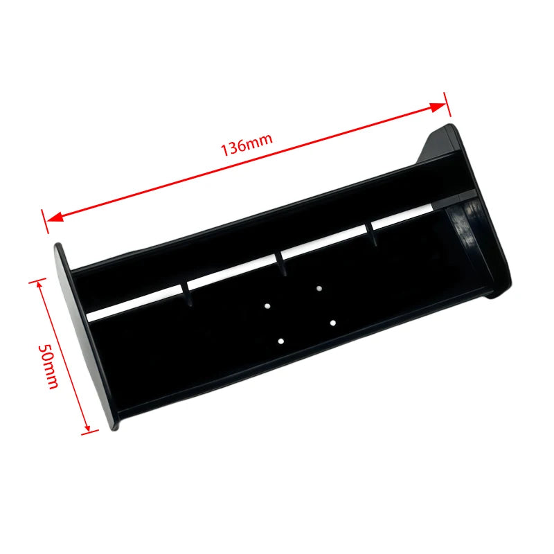 Black hard tail wing upgrade for WLtoys RC cars with dimensions 136mm and 50mm.