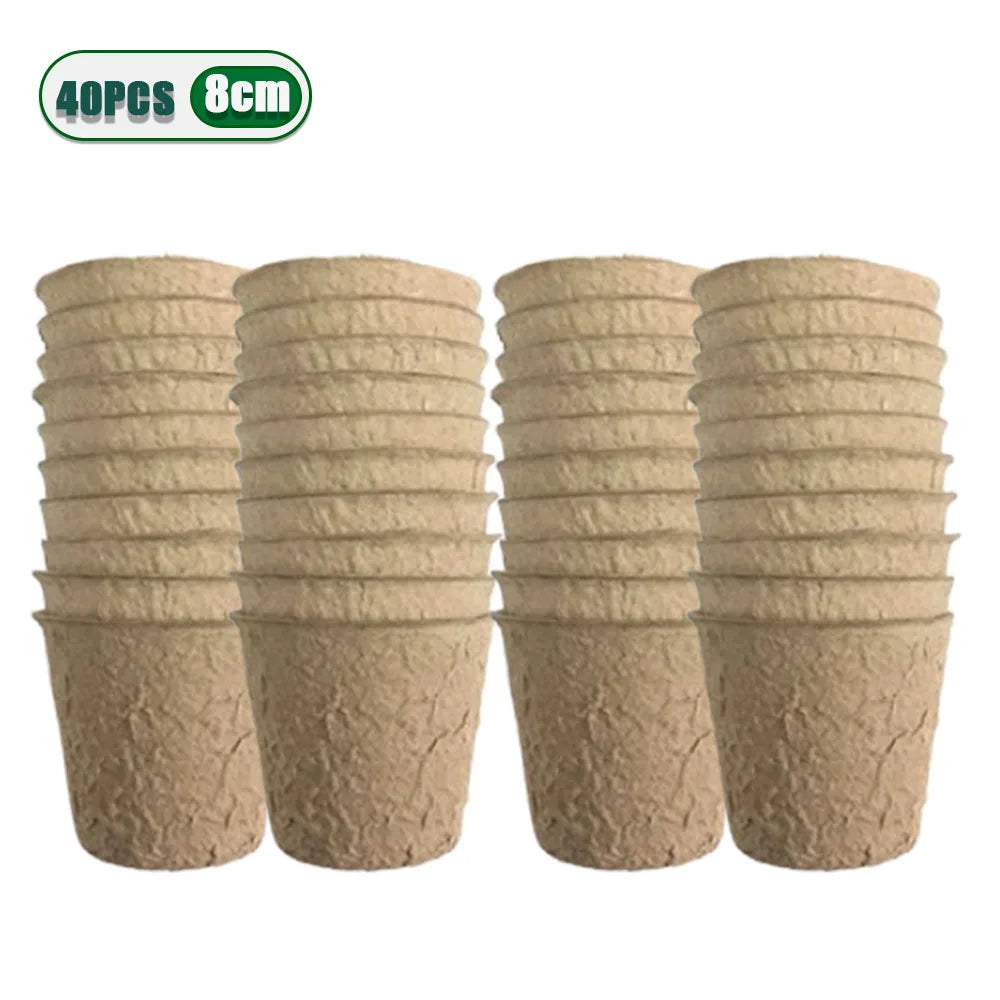 Four stacks of biodegradable peat pots for seed starting, showing 40 pieces with an 8cm size.