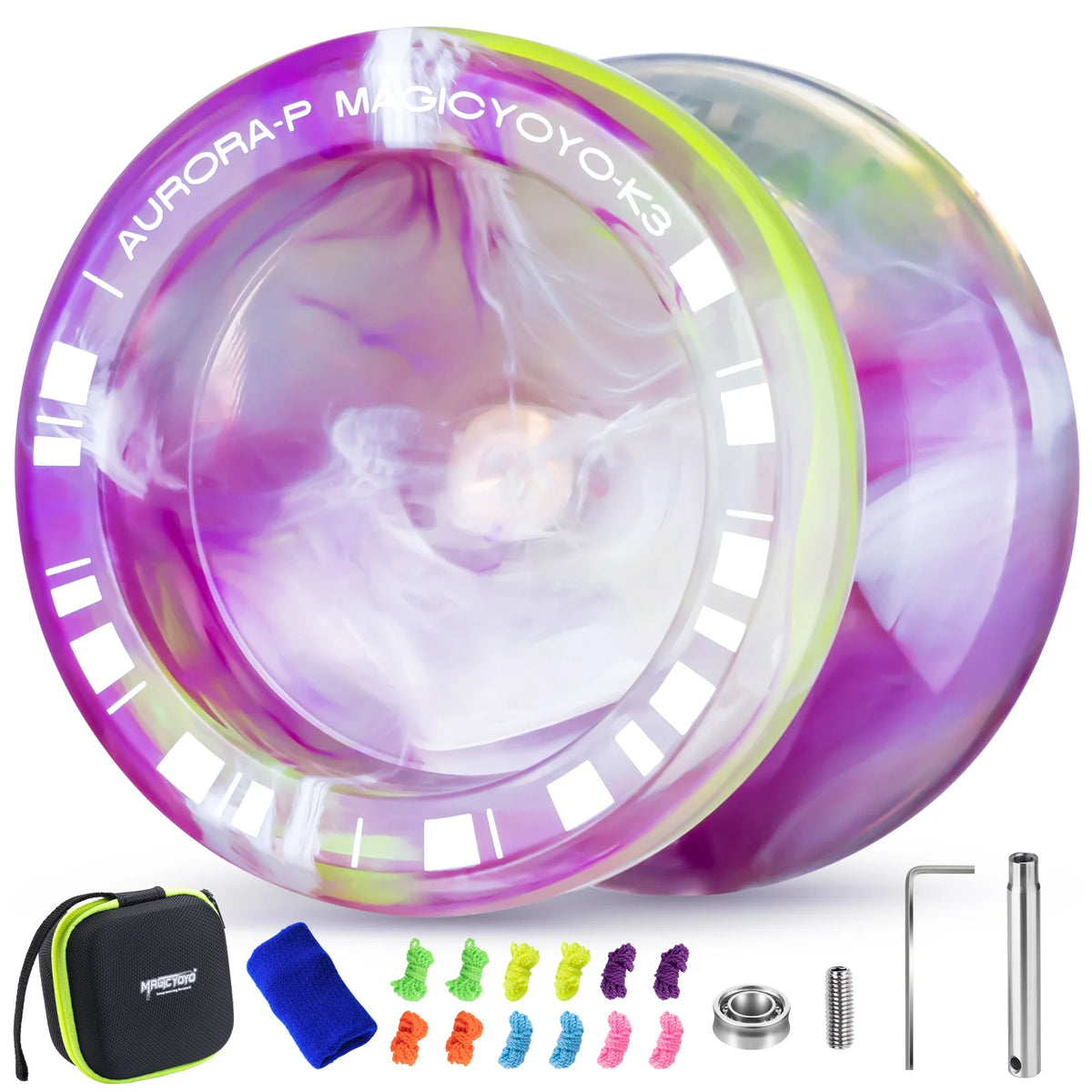 Un set de yo-yos magiques Aurora-P, avec une boîte noire, des poignées bleues et oranges et des composants métalliques.