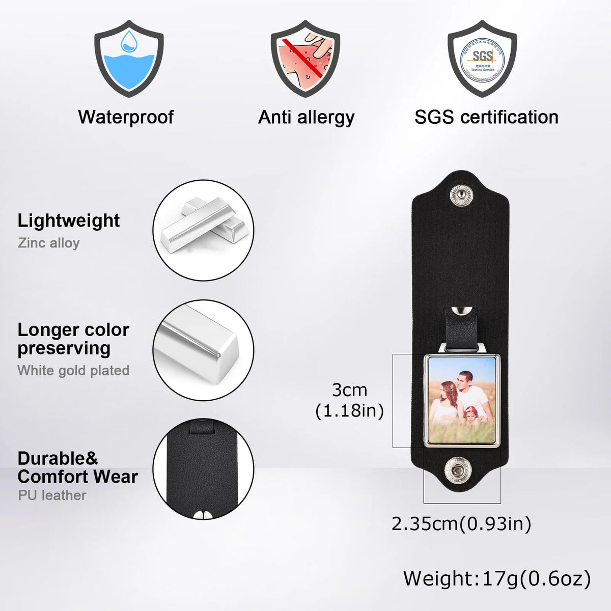 A black leather keychain featuring a custom photo, with features including waterproof protection and SGS certification.