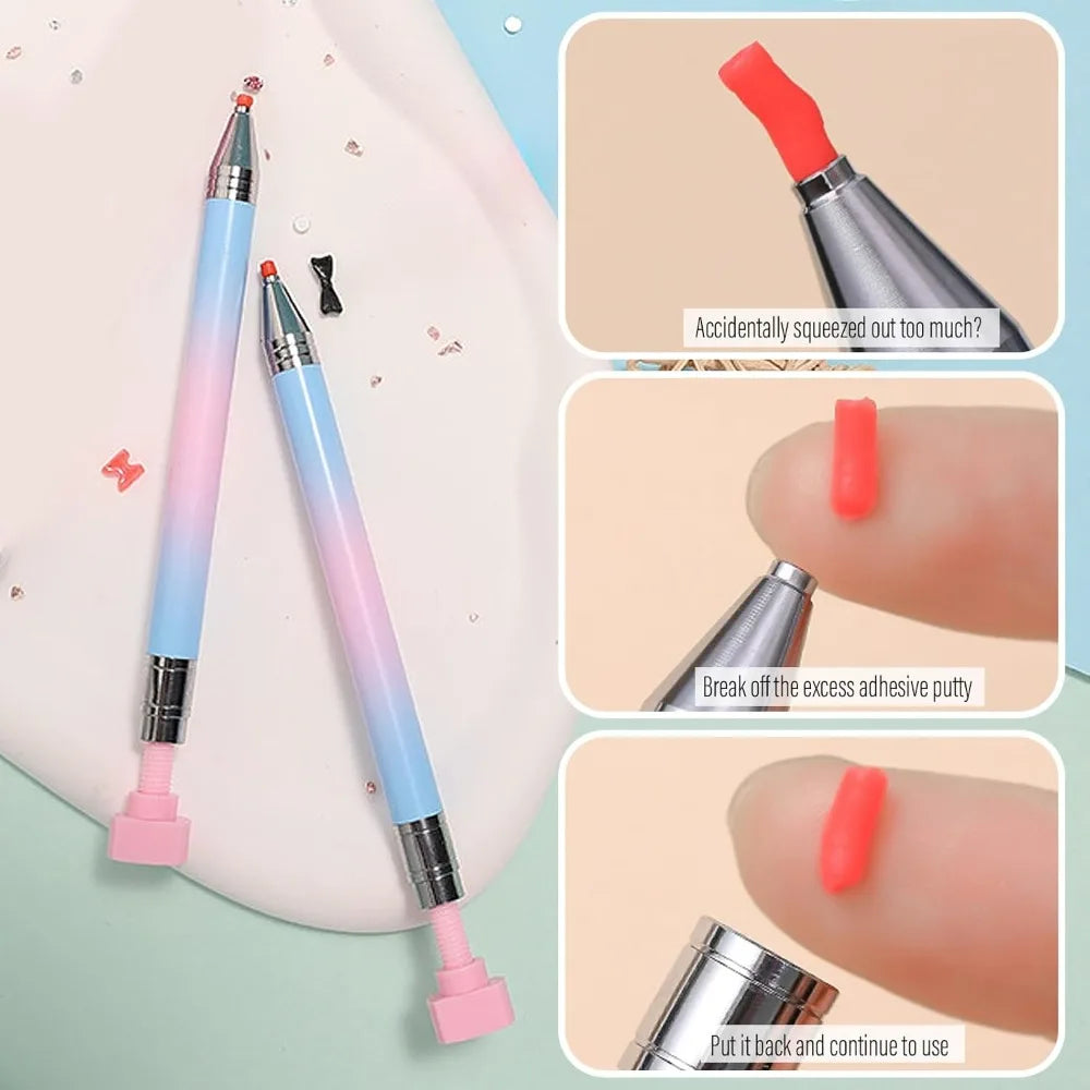 A set of refillable gradient diamond picking pens showing how to squeeze and use the product for nail art.