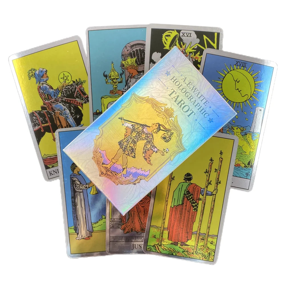 A collection of holographic tarot cards featuring various imagery and suits.