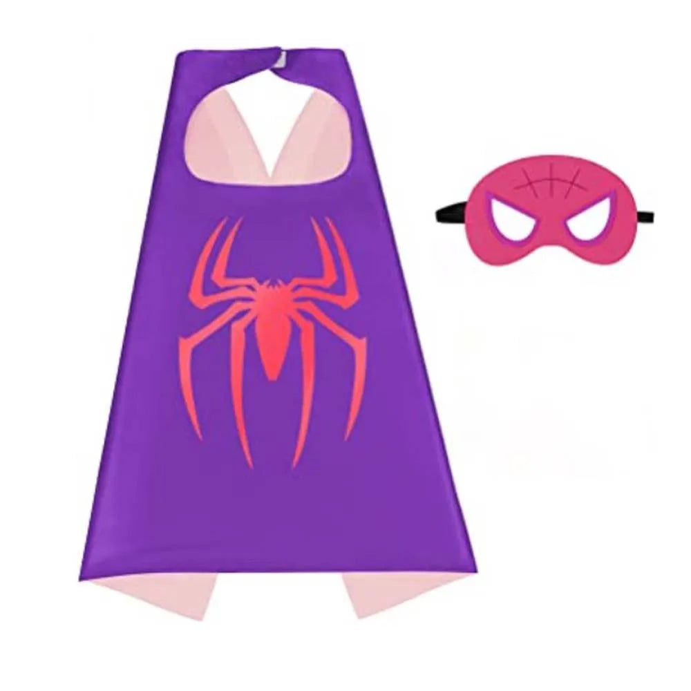 Purple superhero cape and mask set featuring a red spider emblem for kids dress-up