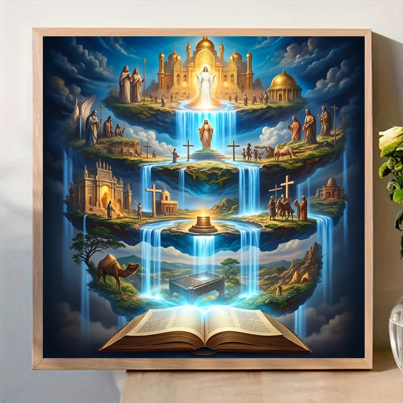 A painting depicting a religious scene with Jesus at the center, surrounded by architectural elements and flowing water.