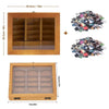 A wooden bookshelf with glass doors and internal dividers, alongside a pile of small fidget items.