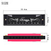 A black harmonica with ten holes and a colorful metal shell shown alongside its dimensions.