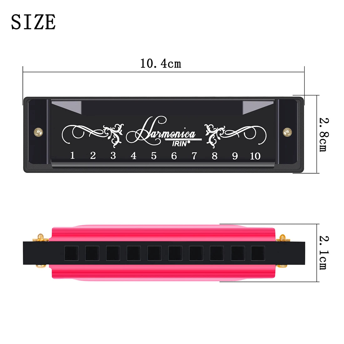 A black harmonica with ten holes and a colorful metal shell shown alongside its dimensions.