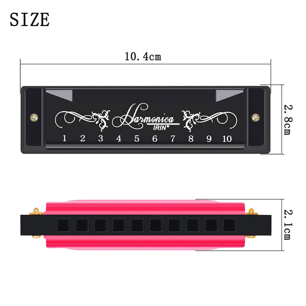 A black harmonica with ten holes and a colorful metal shell shown alongside its dimensions.
