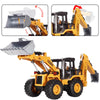 A yellow diecast excavator toy vehicle with a bucket and a hydraulic arm, shown in detail and in use.