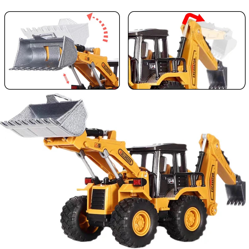 A yellow diecast excavator toy vehicle with a bucket and a hydraulic arm, shown in detail and in use.