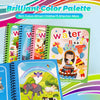 A colorful children's book featuring water painting activities with dinosaurs and animals.