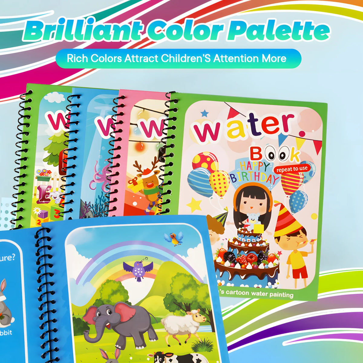A colorful children's book featuring water painting activities with dinosaurs and animals.