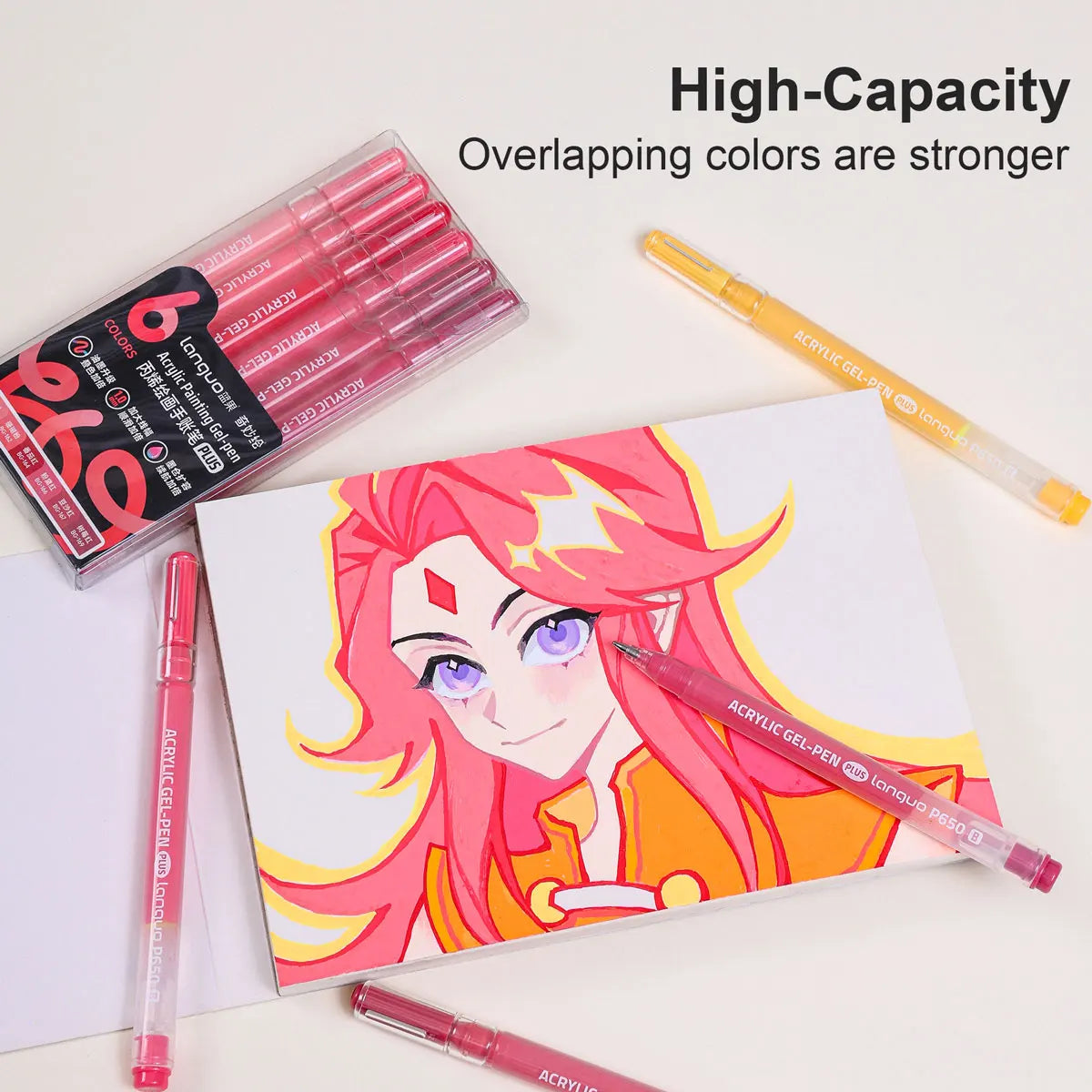 A set of six vibrant acrylic gel pens in various colors is displayed next to a piece of paper.