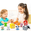 A collection of orange and red farm number train toys for toddlers, including animals and houses.