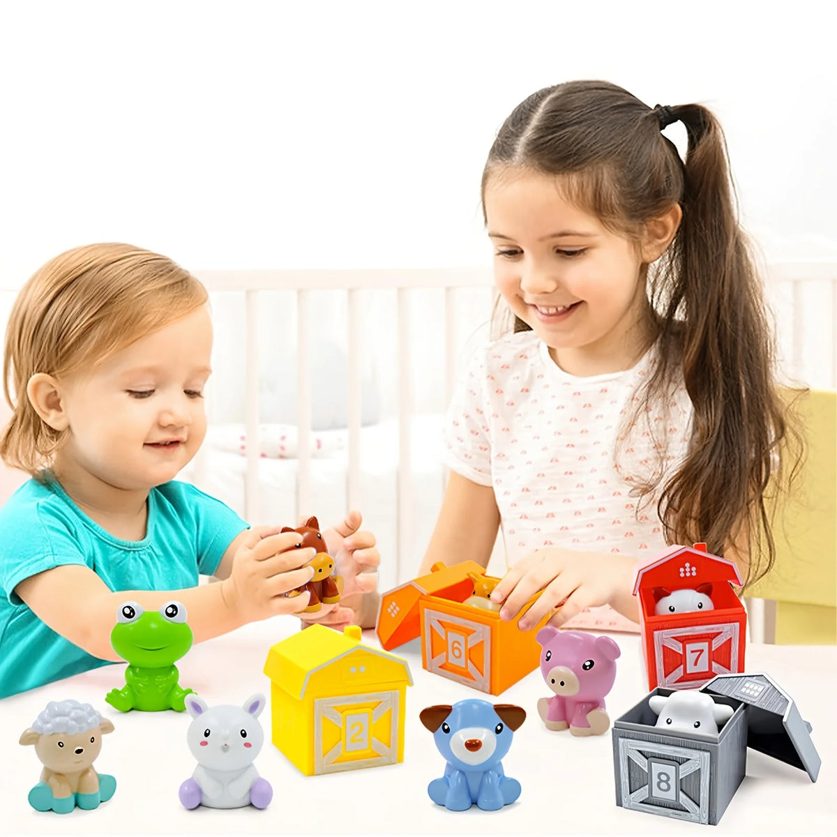A collection of orange and red farm number train toys for toddlers, including animals and houses.