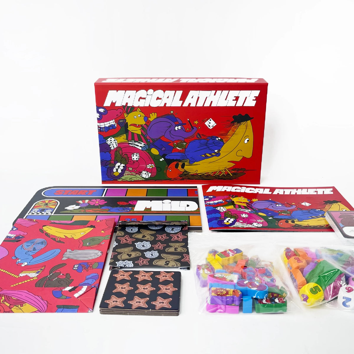 A box and components of the Magical Athlete racing board game for adults and teens.