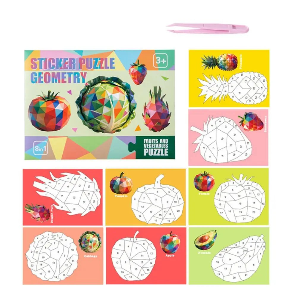 A set of sticker puzzles featuring fruits and vegetables like apples, pumpkins, and corn in various geometric designs.