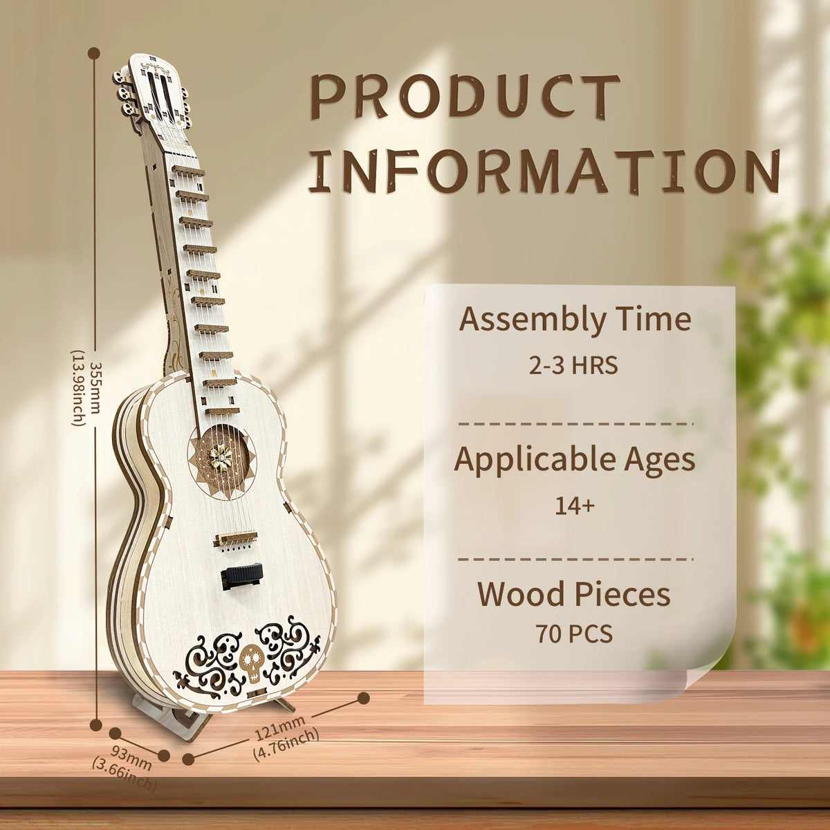 A wooden miniature guitar model kit with assembly instructions and wood pieces displayed on a wooden surface.
