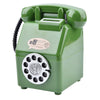 A vintage rotary telephone piggy bank in a light green color with a coin slot and a decorative emblem.