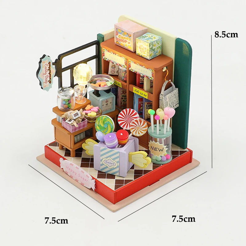 A wooden dollhouse kit featuring furniture, various items, and LED lighting components.