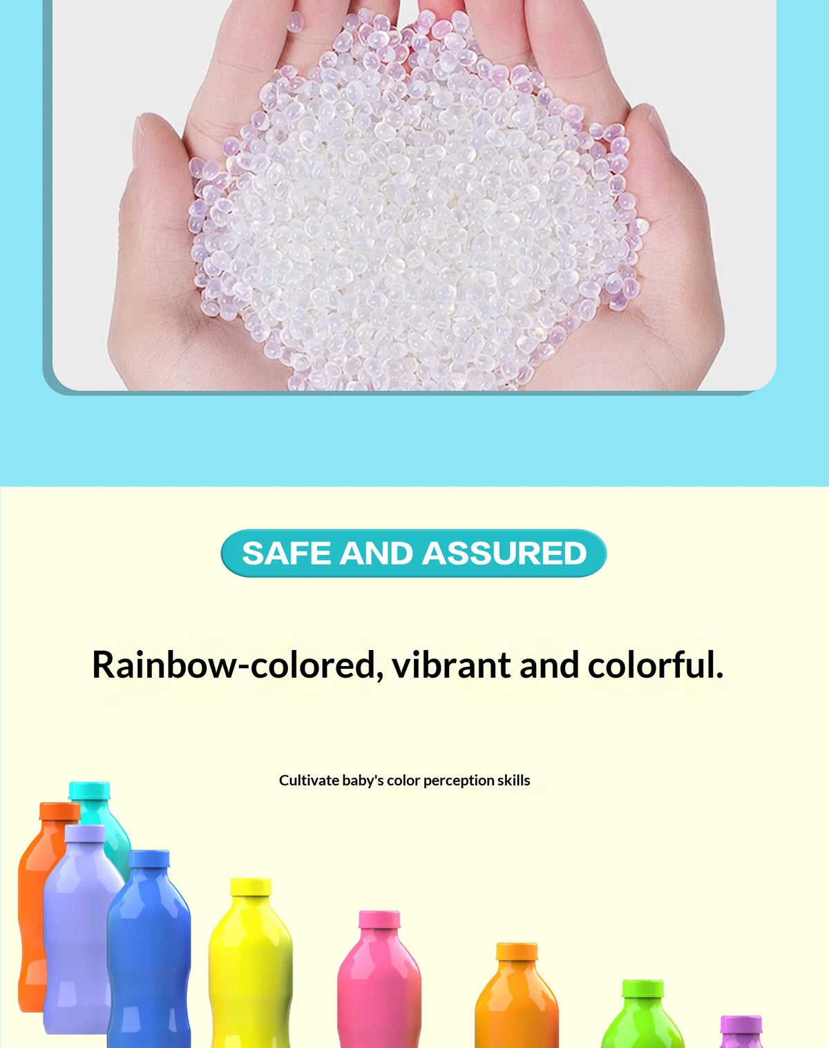 Hands holding a pile of rainbow-colored, vibrant, and colorful beads for a color memory matching game.