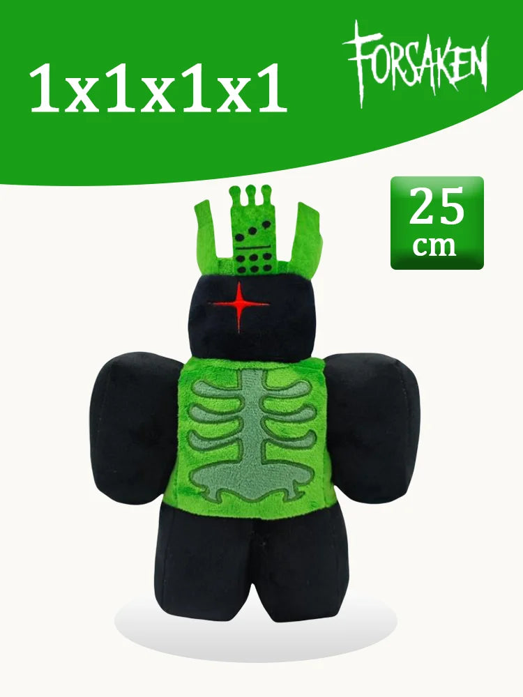 A black plush rabbit toy with green accents and a skeletal design, measuring 25 cm.