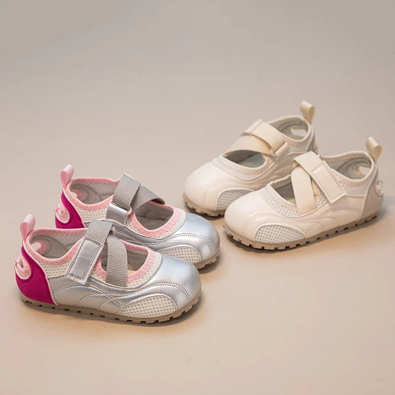 A set of pink and silver casual slip-on shoes for girls with breathable PU upper shown on a light background.