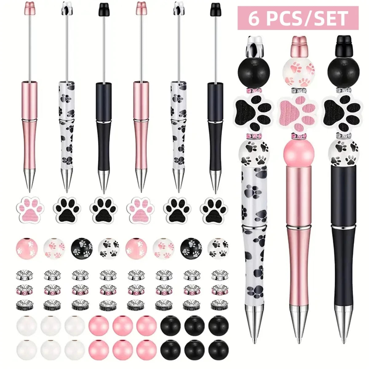 Cat Paw DIY Beaded Pen Set - 6 Pastel & Black Ballpoint Pens