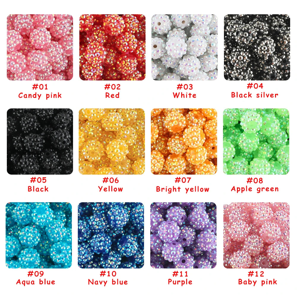 A grid of twelve colored rhinestone resin ball beads for jewelry making, including pink, red, white, black silver, black, yel