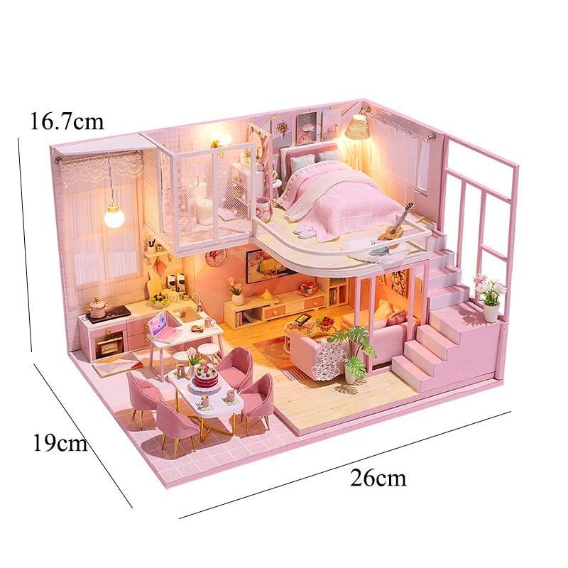 DIY Wooden Dollhouse Kit with Miniature Furniture – 3D Puzzle Craft Set