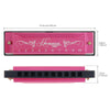Pink harmonica with ten holes and a black case shown from the top and side.