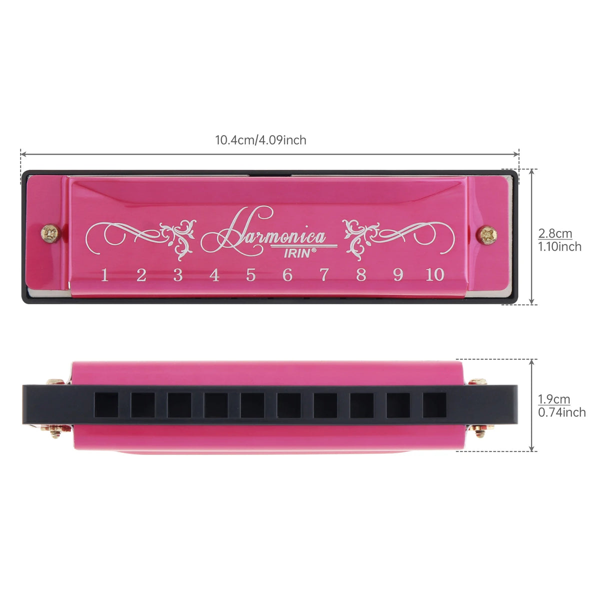 Pink harmonica with ten holes and a black case shown from the top and side.