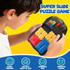 A child is playing a Super Slide Puzzle game with colorful blocks and an electronic device.