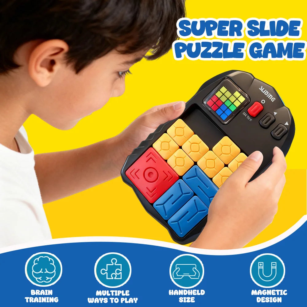 A child is playing a Super Slide Puzzle game with colorful blocks and an electronic device.