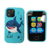 A light blue smartphone toy featuring a shark design on the back and a black screen display.