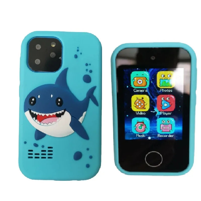 A light blue smartphone toy featuring a shark design on the back and a black screen display.