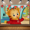 A cute cartoon tiger character illustration used as a party backdrop for children's events.