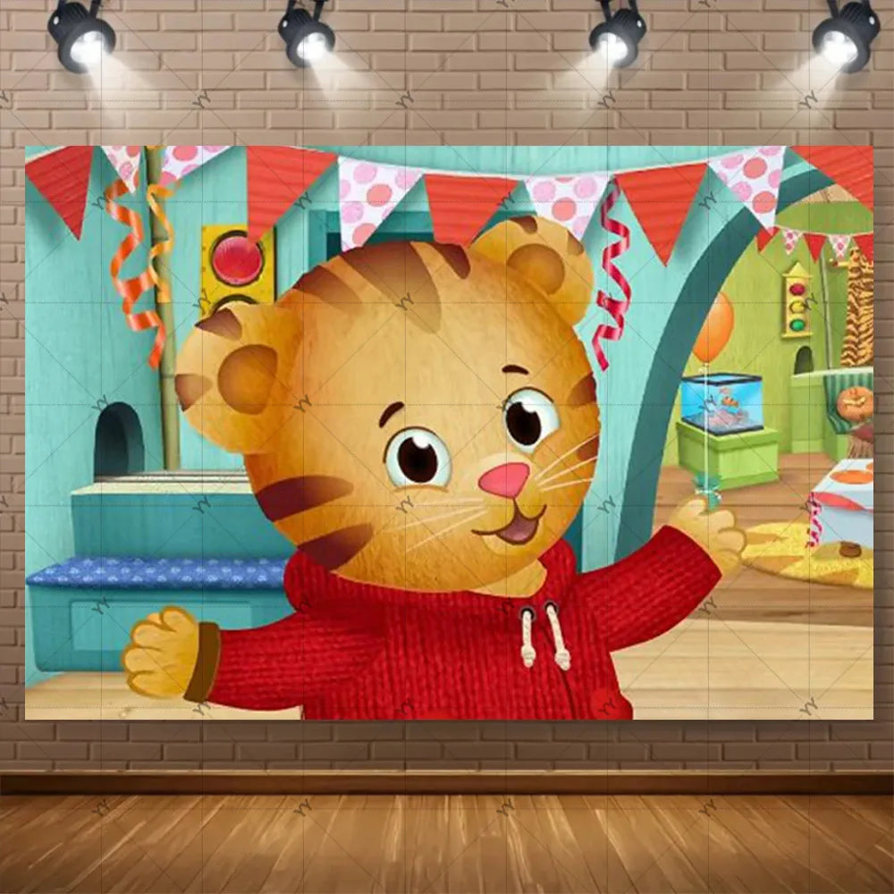 A cute cartoon tiger character illustration used as a party backdrop for children's events.