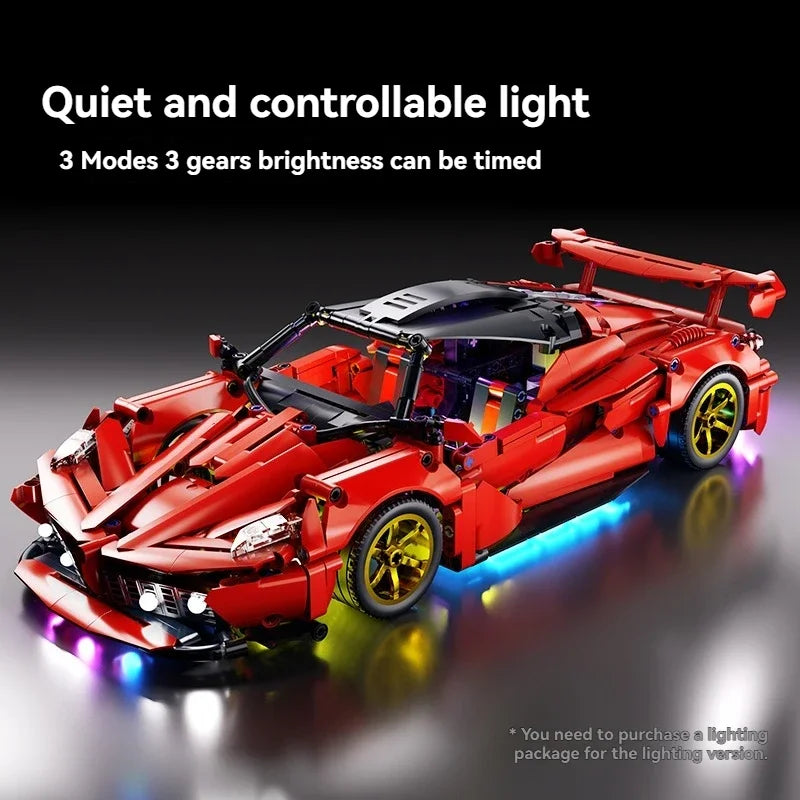 A red hypercar model built from building blocks with controllable lighting features.